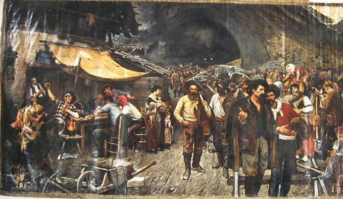 Philipp Fleischer malte um 1890, acht Jahre nach der Eröffnung, den Schichtwechsel beim Bau des ersten Eisenbahntunnels durch den Gotthard. Fast alle Arbeiter stammten aus Italien. (Foto Slg. DZ)