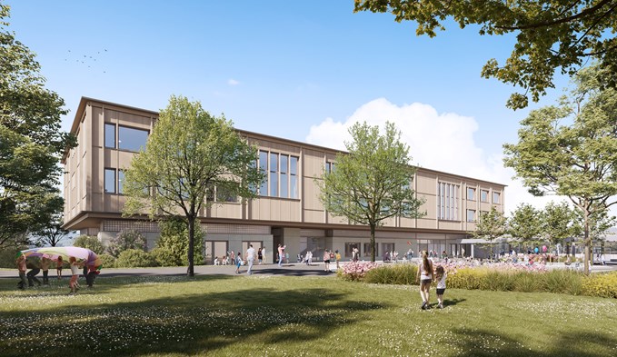 Die Visualisierung zeigt das neu geplante Schulhaus in Schenkon. (ZVG)
