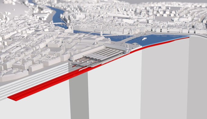 Der Durchgangsbahnhof Luzern (rot eingefärbt) wird sich unter dem Ostteil des bestehenden Kopfbahnhofs befinden. An ihn schliesst sich der Dreilindentunnel an, der den See Richtung Ebikon unterquert. (Visualisierung zVg)