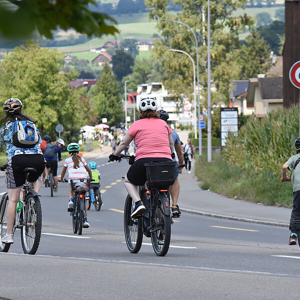 
									Die «slowUp»-Teilnehmenden genossen die autofreien Strassen, wie hier bei der Grenze zwischen Sempach Station und Sempach. (Foto Franziska Kaufmann)
								