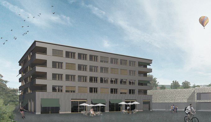 So werden sich in drei Jahren das neue Wohn- und Geschäftshaus sowie das Pfarreizentrum (rechts im Hintergrund) auf dem Vierherrenplatz präsentieren. Visualisierung zVg