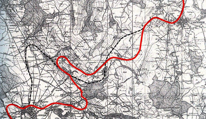 Das nicht realisierte Projekt einer Bahn von Sursee (links unten) nach (Bero-)Münster (rechts oben). Plan aus Alfred Waldis/Daniel Zumbühl: Wie die Eisenbahn nach Luzern kam