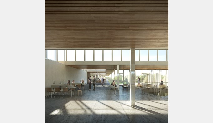 Innensicht des neuen Sekundarschulhauses in Sursee.  (Visualisierung Filippo Bolognese Images)