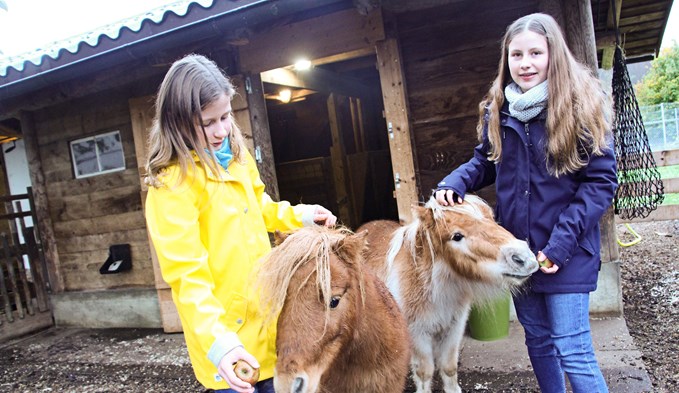 Kaya und Nika Arnold betreuen Ponys. (Foto Peter Weingartner)