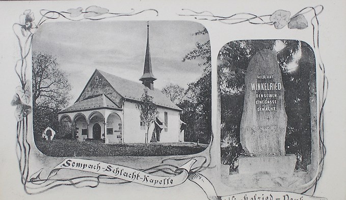 Diese Postkarte wurde am 3. April 1914 abgestempelt. Sie zeigt links die Schlachtkapelle und rechts das Winkelried-Denkmal.  (Foto ETH-Bibliothek Zürich, Bildarch.)