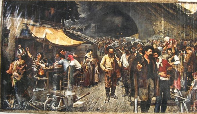 Philipp Fleischer malte um 1890, acht Jahre nach der Eröffnung, den Schichtwechsel beim Bau des ersten Eisenbahntunnels durch den Gotthard. Fast alle Arbeiter stammten aus Italien. (Foto Slg. DZ)
