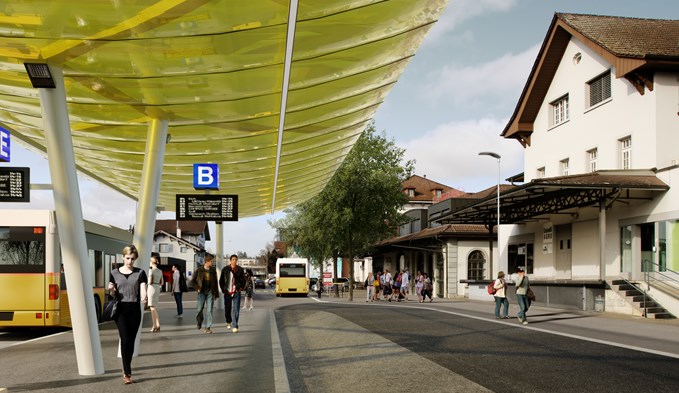 Bis 2024 investiert die Stadt rund 104 Millionen Franken. Dazu gehört auch die Umgestaltung des Bahnhofplatzes mit einem neuen Bushof und einer unterirdischen Velostation. (Visualisierung zVg)
