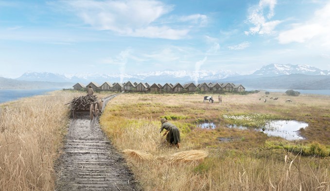 Pfahlbauten auf der Halbinsel Zellmoos und dem Gammainseli in Sursee (vor 3000 Jahren). (Foto ZVG)