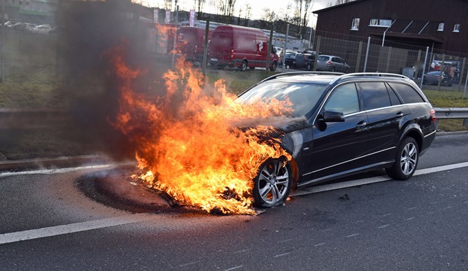 Der Fahrzeuglenker konnte das Auto rechtzeitig verlassen, bevor der Motor Feuer fing. (Foto Luzerner Polizei)