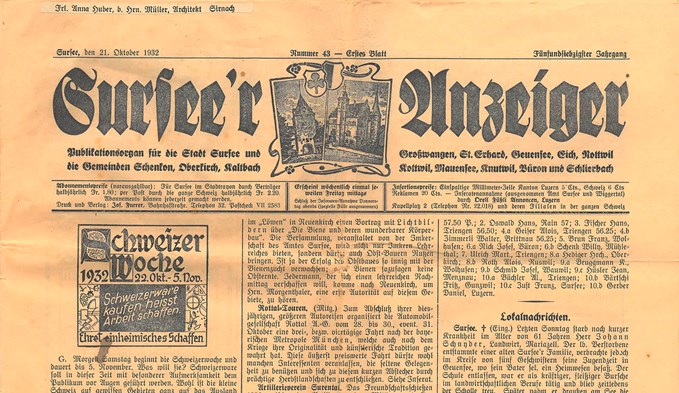 Der «Sursee’r Anzeiger» war die erste Zeitung des Typs Anzeiger auf der Luzerner Landschaft und existierte von 1858 bis 1963. (Foto Archiv Suwo)