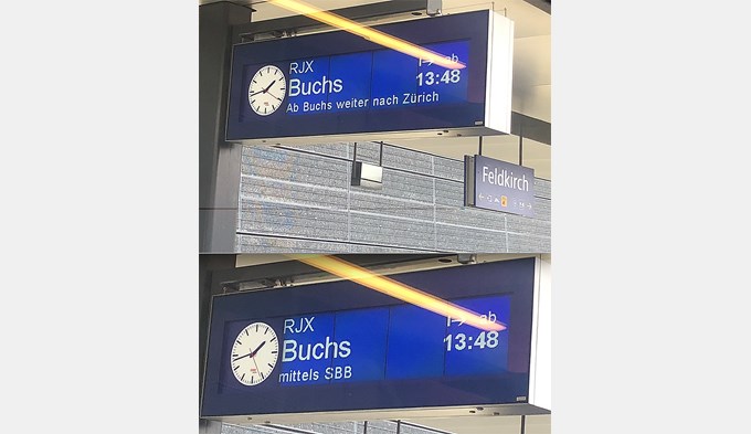 Murphys letzter Streich: Der Railjet Wörgl–Zürich fuhr nur bis Buchs, dann durfte man auf die SBB umsteigen. Aufnahmen der Perronanzeigetafel in Feldkirch aus dem Zug. ( Fotos Daniel Zumbühl)