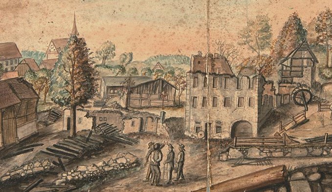 Diese Zeichnung des Trienger Malers Claus Fischer aus dem Jahr 1786 gab Anne-Marie Dubler den Anstoss zu ihrer neusten Buchpublikation. Sie zeigt den desolaten Zustand der Mühle Büron vor dem Wiederaufbau von 1686. (Foto zVg)