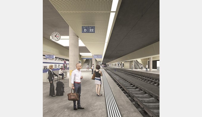 Der Durchgangsbahnhof Luzern soll – wie die unterirdischen Bahnhöfe Museumstrasse und Löwenstrasse im Hauptbahnhof Zürich – vier Gleise umfassen. (Visualisierung zVg)