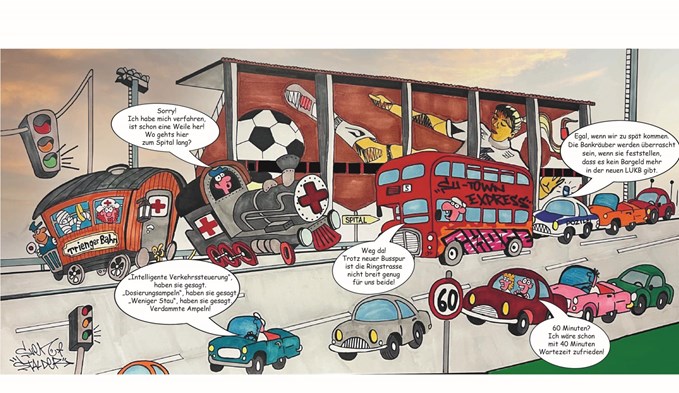 Das Verkehrspuff auf der Ringstrasse nervt die ganze Region – nun bietet der Premierminister des Vereinigten Königreichs, Rishi Sunak, Entwicklungshilfe an … (Karikatur Sven Stalder)